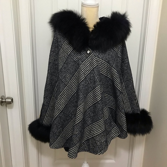 NWT Classical clothes wool hooded poncho fox fur trim - Picture 1 of 8